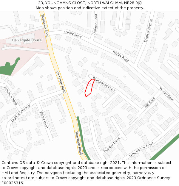 33, YOUNGMANS CLOSE, NORTH WALSHAM, NR28 9JQ: Location map and indicative extent of plot