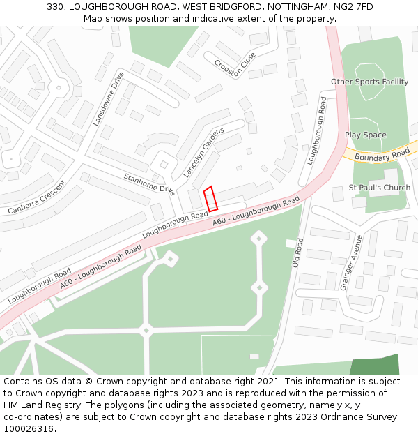 330, LOUGHBOROUGH ROAD, WEST BRIDGFORD, NOTTINGHAM, NG2 7FD: Location map and indicative extent of plot