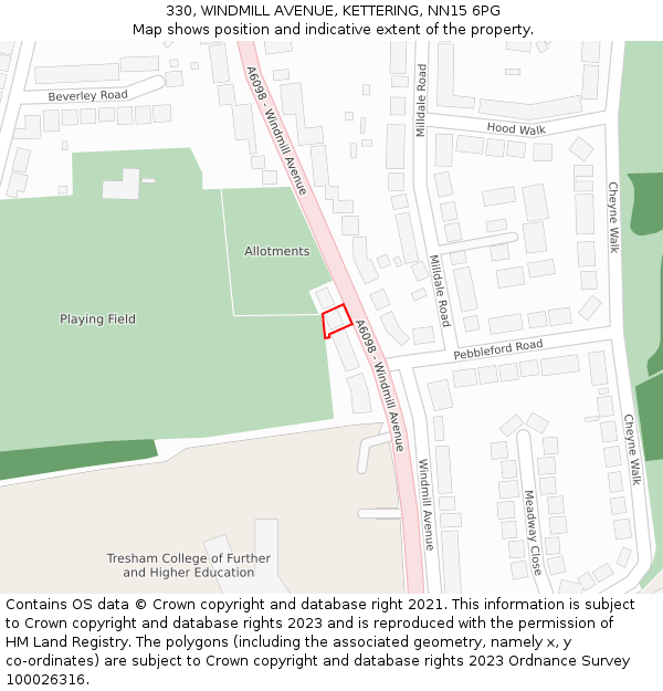 330, WINDMILL AVENUE, KETTERING, NN15 6PG: Location map and indicative extent of plot