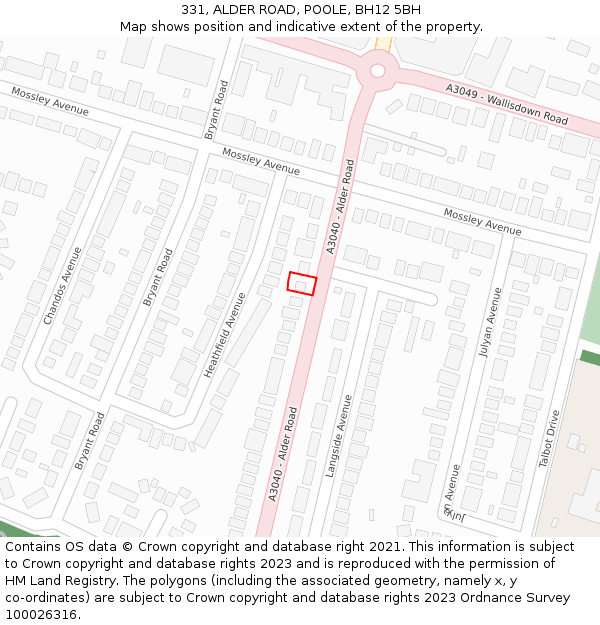 331, ALDER ROAD, POOLE, BH12 5BH: Location map and indicative extent of plot