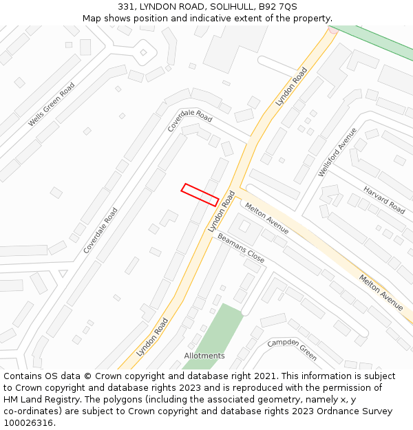 331, LYNDON ROAD, SOLIHULL, B92 7QS: Location map and indicative extent of plot