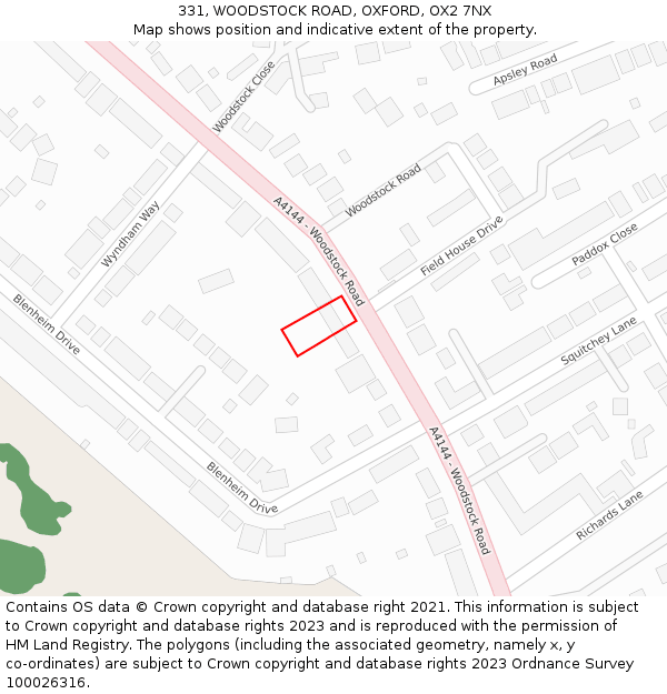 331, WOODSTOCK ROAD, OXFORD, OX2 7NX: Location map and indicative extent of plot