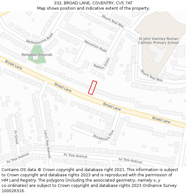 332, BROAD LANE, COVENTRY, CV5 7AT: Location map and indicative extent of plot