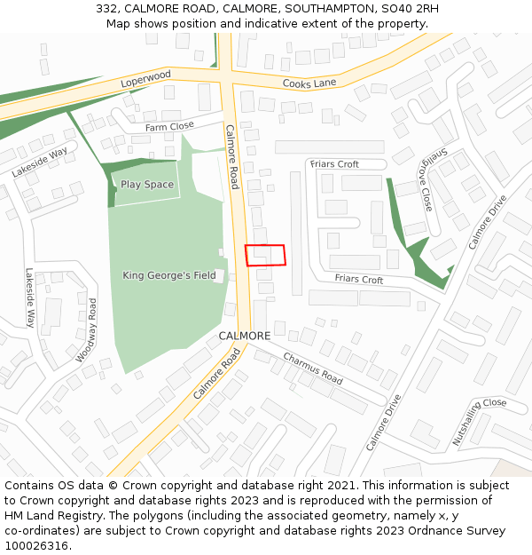 332, CALMORE ROAD, CALMORE, SOUTHAMPTON, SO40 2RH: Location map and indicative extent of plot