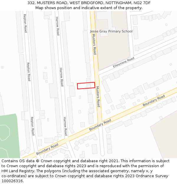 332, MUSTERS ROAD, WEST BRIDGFORD, NOTTINGHAM, NG2 7DF: Location map and indicative extent of plot