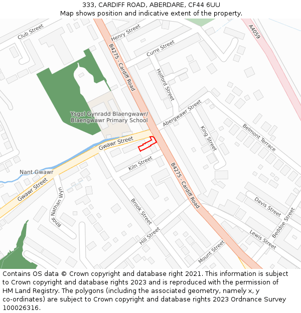 333, CARDIFF ROAD, ABERDARE, CF44 6UU: Location map and indicative extent of plot