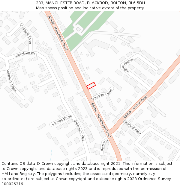 333, MANCHESTER ROAD, BLACKROD, BOLTON, BL6 5BH: Location map and indicative extent of plot