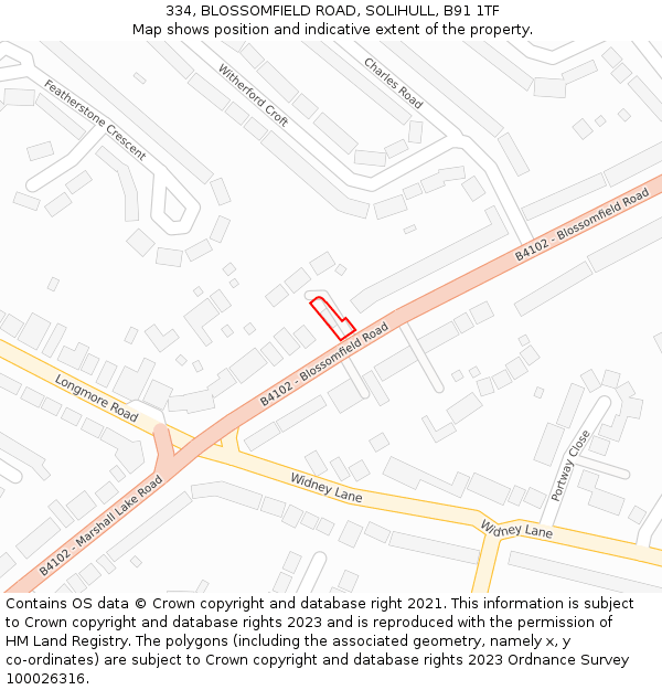 334, BLOSSOMFIELD ROAD, SOLIHULL, B91 1TF: Location map and indicative extent of plot