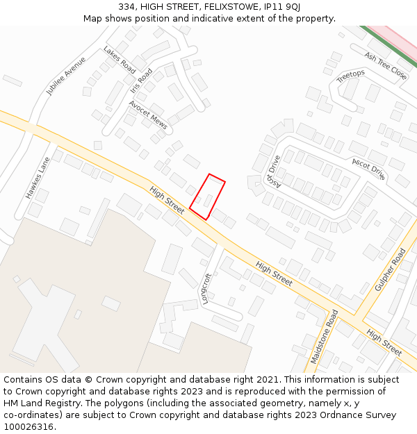 334, HIGH STREET, FELIXSTOWE, IP11 9QJ: Location map and indicative extent of plot