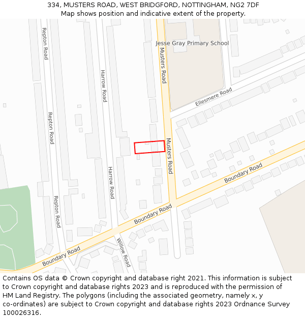 334, MUSTERS ROAD, WEST BRIDGFORD, NOTTINGHAM, NG2 7DF: Location map and indicative extent of plot