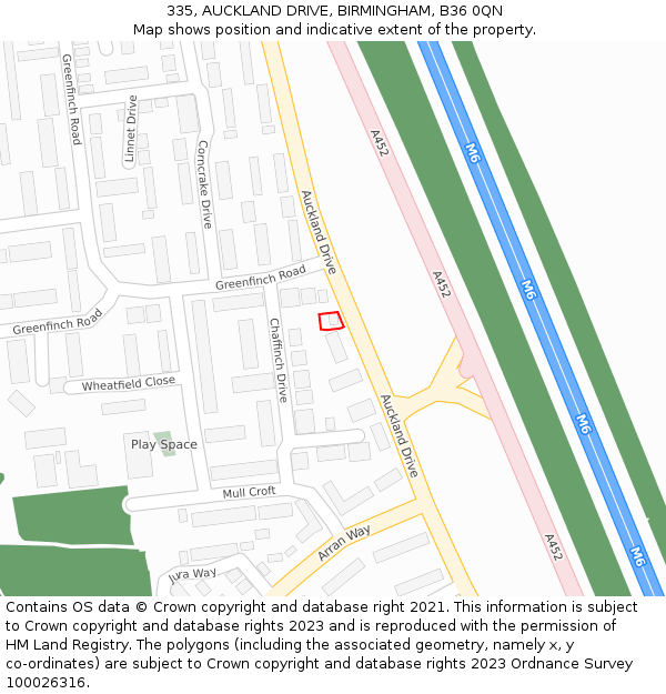 335, AUCKLAND DRIVE, BIRMINGHAM, B36 0QN: Location map and indicative extent of plot