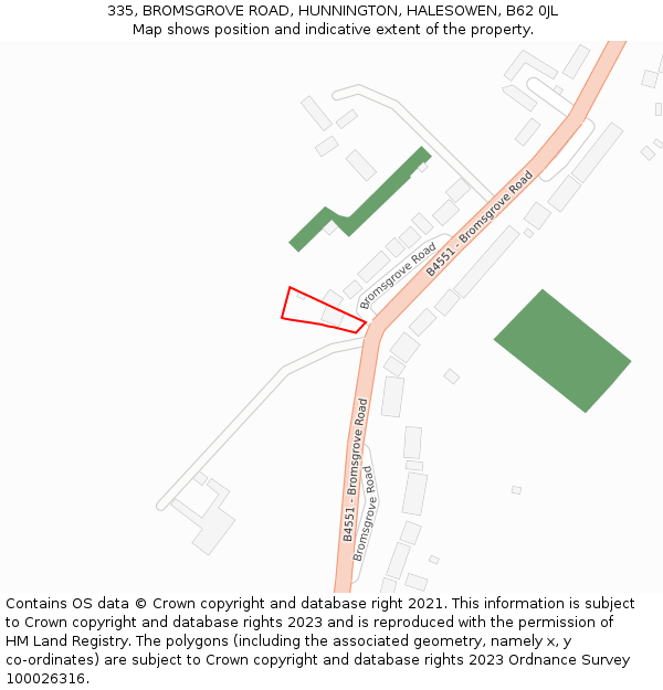 335, BROMSGROVE ROAD, HUNNINGTON, HALESOWEN, B62 0JL: Location map and indicative extent of plot