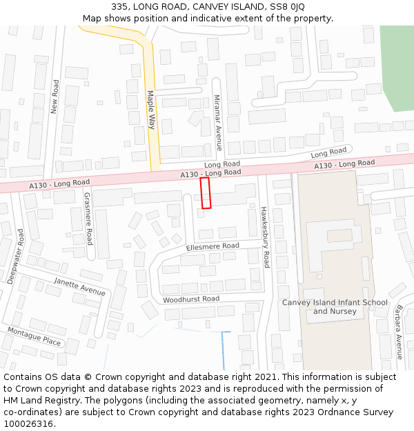 335, LONG ROAD, CANVEY ISLAND, SS8 0JQ: Location map and indicative extent of plot