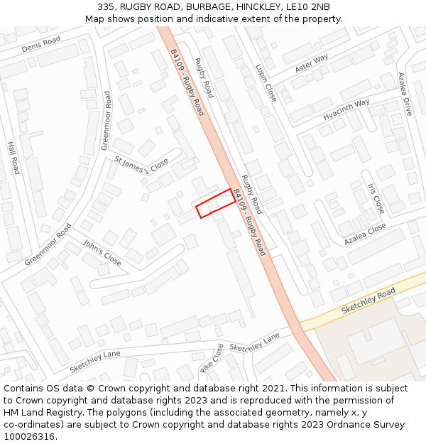 335, RUGBY ROAD, BURBAGE, HINCKLEY, LE10 2NB: Location map and indicative extent of plot