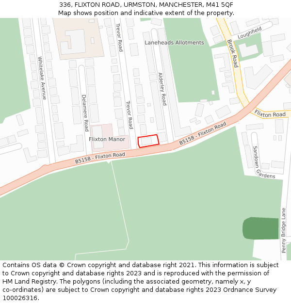 336, FLIXTON ROAD, URMSTON, MANCHESTER, M41 5QF: Location map and indicative extent of plot