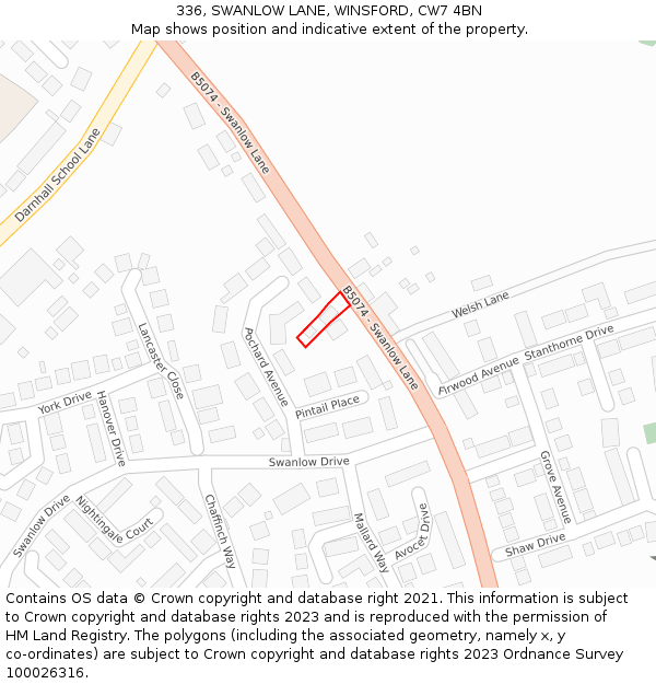 336, SWANLOW LANE, WINSFORD, CW7 4BN: Location map and indicative extent of plot