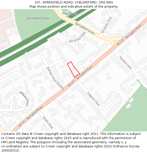 337, SPRINGFIELD ROAD, CHELMSFORD, CM2 6AN: Location map and indicative extent of plot