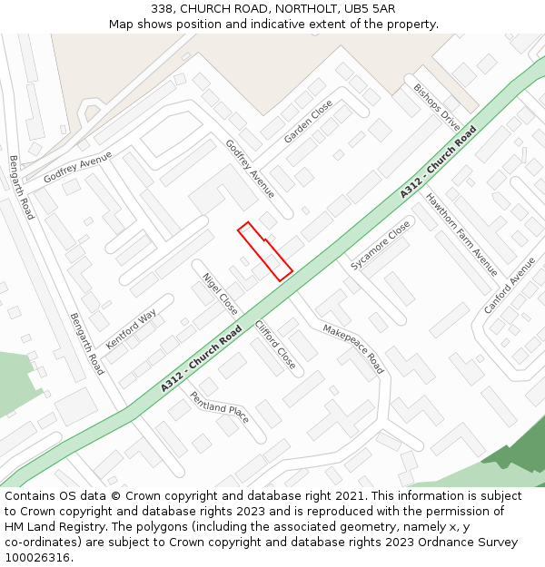 338, CHURCH ROAD, NORTHOLT, UB5 5AR: Location map and indicative extent of plot