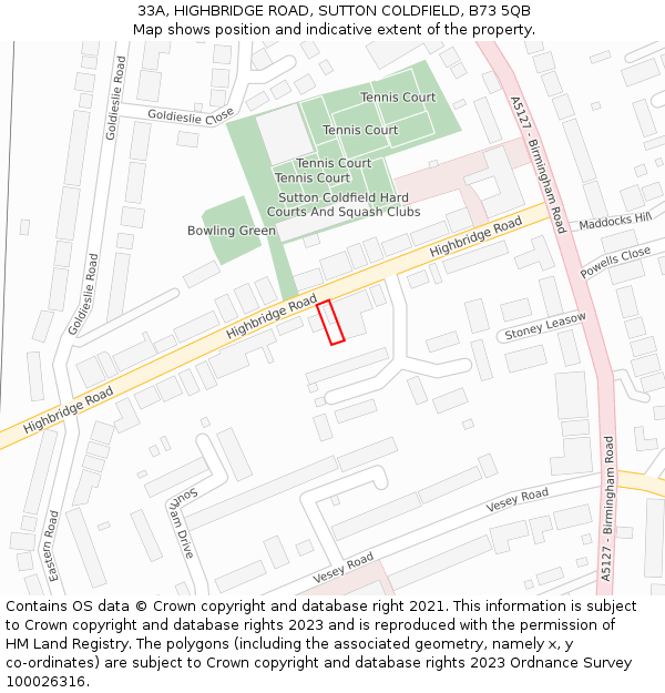 33A, HIGHBRIDGE ROAD, SUTTON COLDFIELD, B73 5QB: Location map and indicative extent of plot