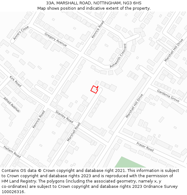 33A, MARSHALL ROAD, NOTTINGHAM, NG3 6HS: Location map and indicative extent of plot