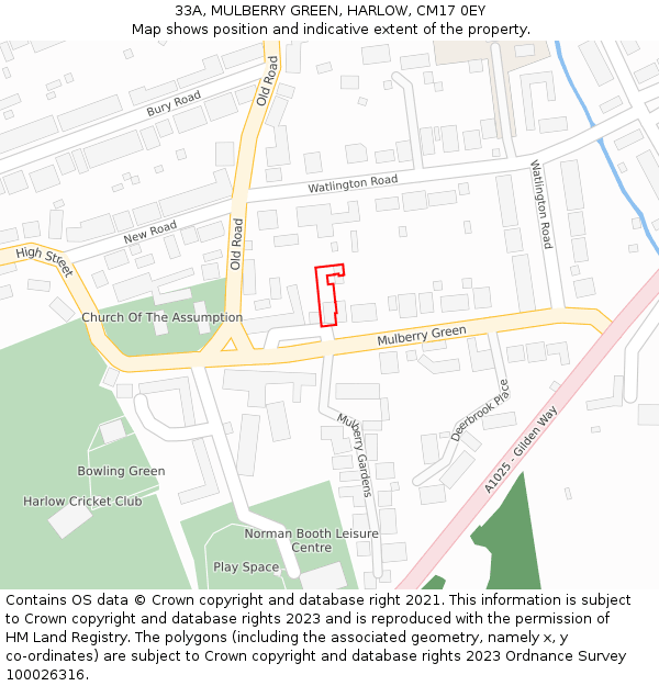 33A, MULBERRY GREEN, HARLOW, CM17 0EY: Location map and indicative extent of plot