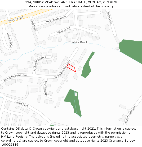 33A, SPRINGMEADOW LANE, UPPERMILL, OLDHAM, OL3 6HW: Location map and indicative extent of plot