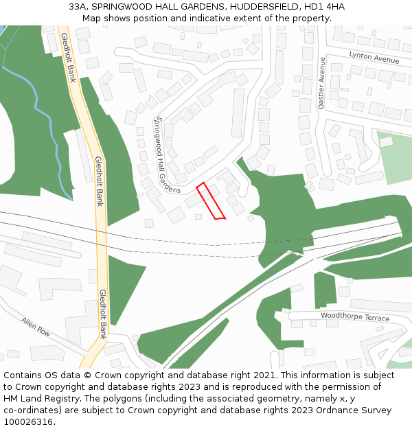 33A, SPRINGWOOD HALL GARDENS, HUDDERSFIELD, HD1 4HA: Location map and indicative extent of plot