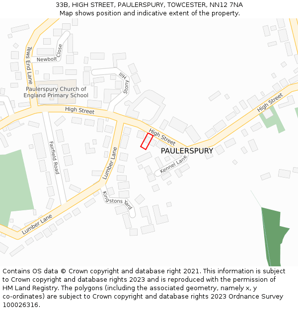 33B, HIGH STREET, PAULERSPURY, TOWCESTER, NN12 7NA: Location map and indicative extent of plot