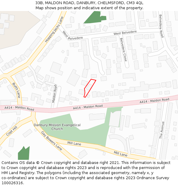 33B, MALDON ROAD, DANBURY, CHELMSFORD, CM3 4QL: Location map and indicative extent of plot