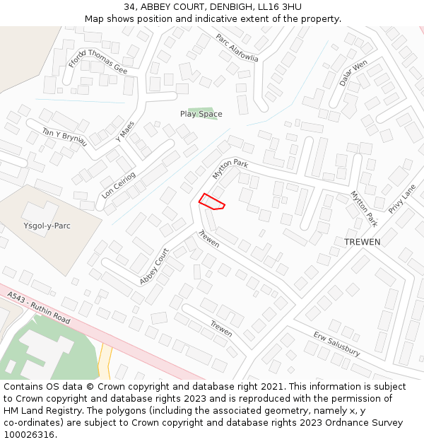 34, ABBEY COURT, DENBIGH, LL16 3HU: Location map and indicative extent of plot