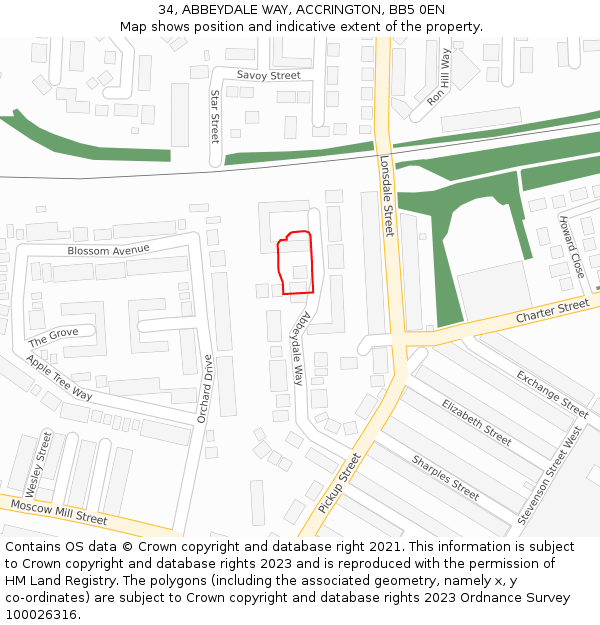 34, ABBEYDALE WAY, ACCRINGTON, BB5 0EN: Location map and indicative extent of plot