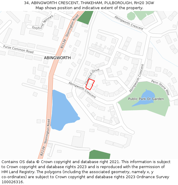 34, ABINGWORTH CRESCENT, THAKEHAM, PULBOROUGH, RH20 3GW: Location map and indicative extent of plot