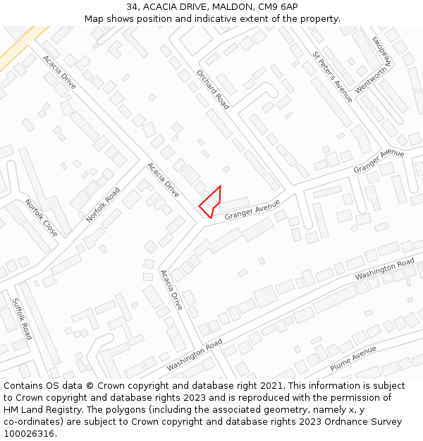 34, ACACIA DRIVE, MALDON, CM9 6AP: Location map and indicative extent of plot