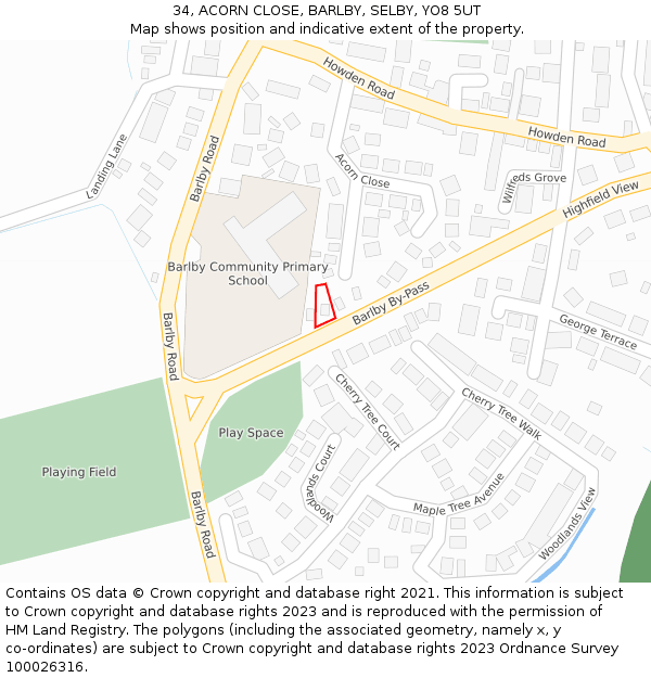 34, ACORN CLOSE, BARLBY, SELBY, YO8 5UT: Location map and indicative extent of plot