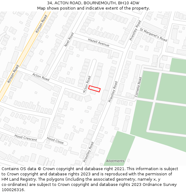 34, ACTON ROAD, BOURNEMOUTH, BH10 4DW: Location map and indicative extent of plot