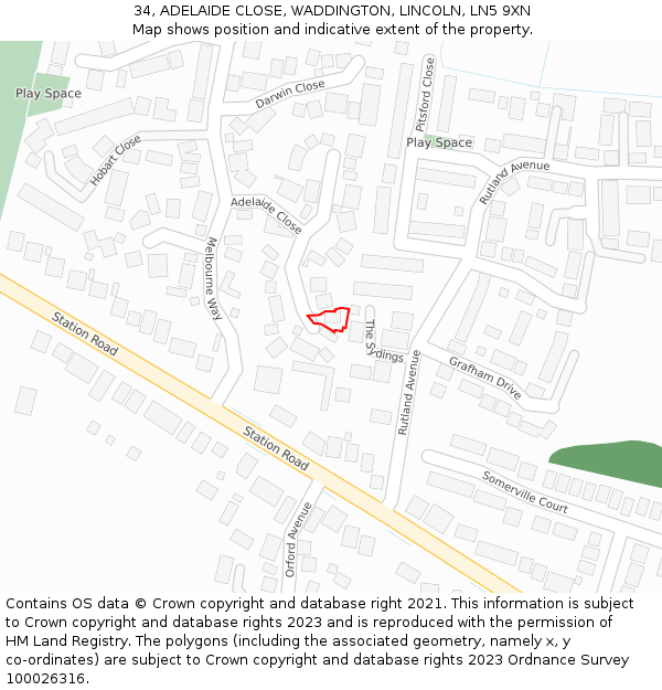 34, ADELAIDE CLOSE, WADDINGTON, LINCOLN, LN5 9XN: Location map and indicative extent of plot