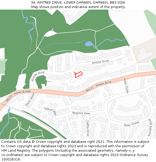 34, AINTREE DRIVE, LOWER DARWEN, DARWEN, BB3 0QW: Location map and indicative extent of plot