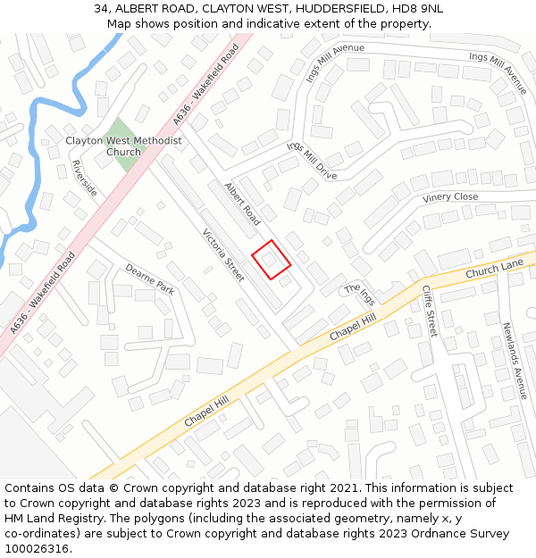 34, ALBERT ROAD, CLAYTON WEST, HUDDERSFIELD, HD8 9NL: Location map and indicative extent of plot