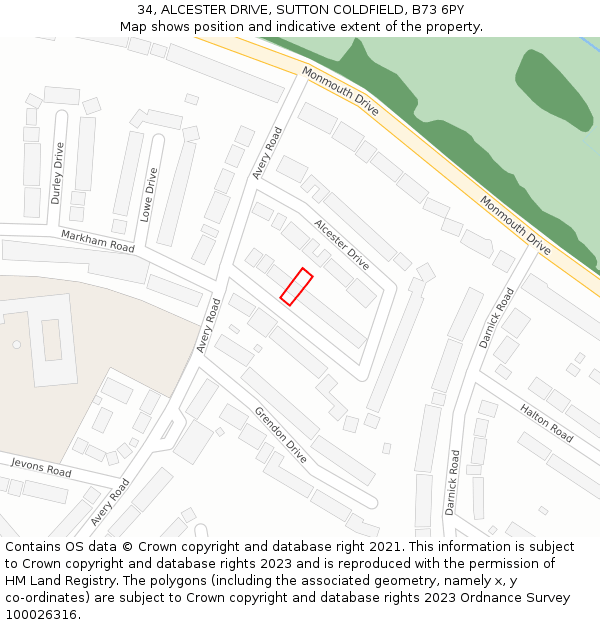 34, ALCESTER DRIVE, SUTTON COLDFIELD, B73 6PY: Location map and indicative extent of plot