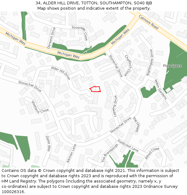 34, ALDER HILL DRIVE, TOTTON, SOUTHAMPTON, SO40 8JB: Location map and indicative extent of plot