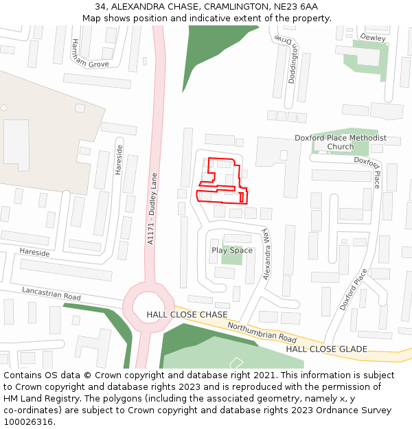 34, ALEXANDRA CHASE, CRAMLINGTON, NE23 6AA: Location map and indicative extent of plot