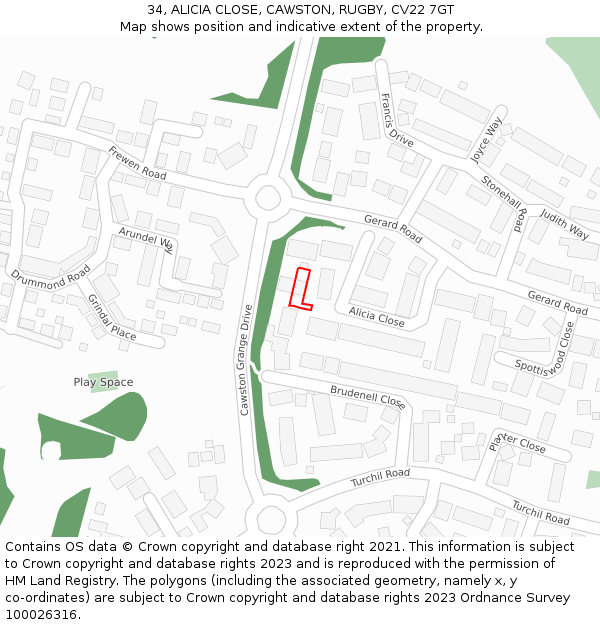34, ALICIA CLOSE, CAWSTON, RUGBY, CV22 7GT: Location map and indicative extent of plot