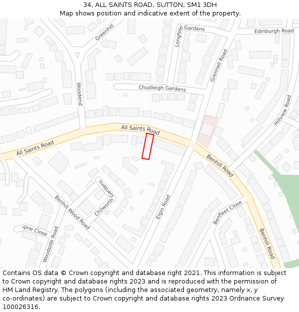 34, ALL SAINTS ROAD, SUTTON, SM1 3DH: Location map and indicative extent of plot