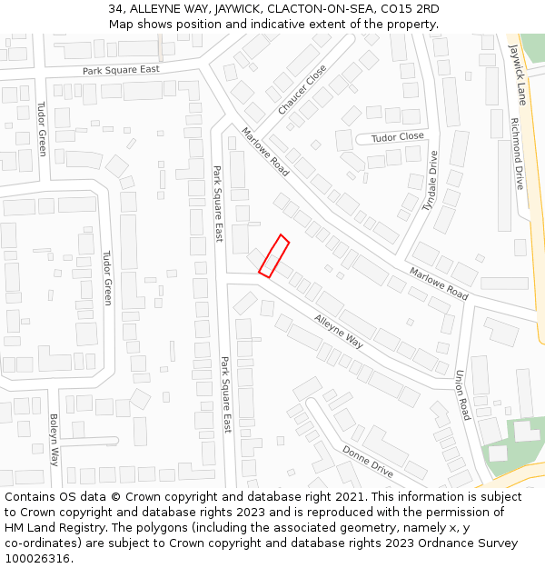 34, ALLEYNE WAY, JAYWICK, CLACTON-ON-SEA, CO15 2RD: Location map and indicative extent of plot