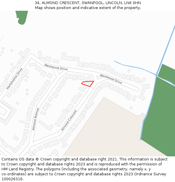34, ALMOND CRESCENT, SWANPOOL, LINCOLN, LN6 0HN: Location map and indicative extent of plot
