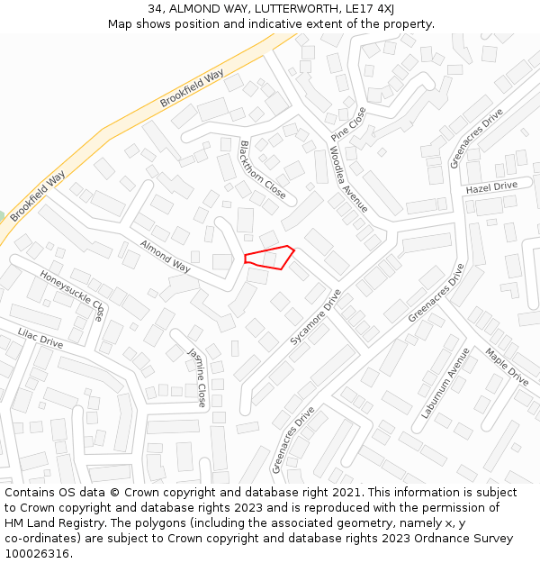 34, ALMOND WAY, LUTTERWORTH, LE17 4XJ: Location map and indicative extent of plot