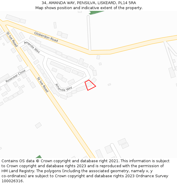 34, AMANDA WAY, PENSILVA, LISKEARD, PL14 5RA: Location map and indicative extent of plot