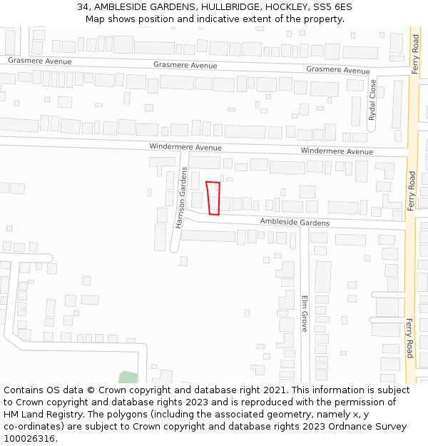 34, AMBLESIDE GARDENS, HULLBRIDGE, HOCKLEY, SS5 6ES: Location map and indicative extent of plot