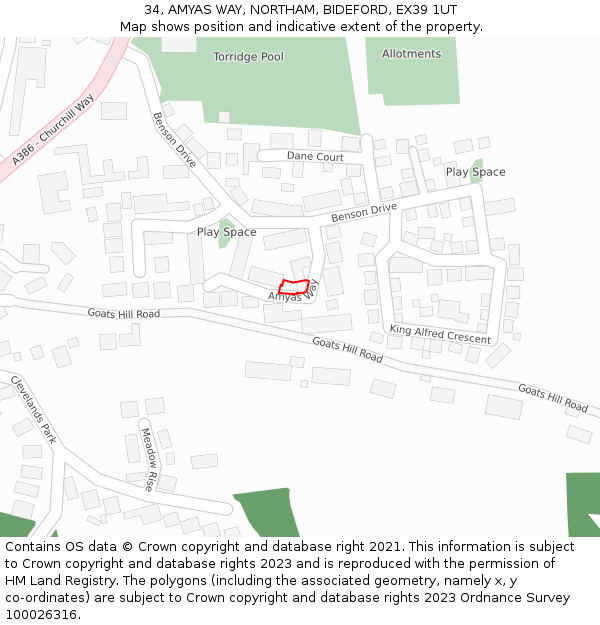 34, AMYAS WAY, NORTHAM, BIDEFORD, EX39 1UT: Location map and indicative extent of plot