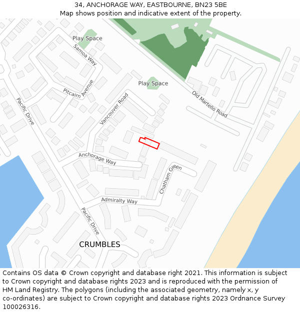 34, ANCHORAGE WAY, EASTBOURNE, BN23 5BE: Location map and indicative extent of plot